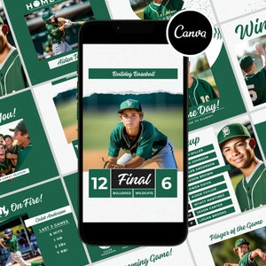 Könnte beinhalten: Eine grüne und weiße Social-Media-Grafik für ein Baseballteam mit dem Text "Bulldog Baseball" und "Final 12 Bulldogs 6 Wildcats". Die Grafik enthält auch ein Foto eines jungen Baseballspielers in einer grün-weißen Uniform.