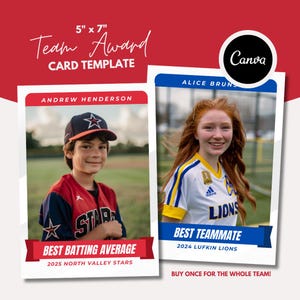 Trophée du joueur d'équipe, modèle Canvas, sports de baseball, carte à collectionner, personnalisé, fin de saison, banquet, 5 x 7, téléchargement et impression, cadeau pour joueur entraîneur