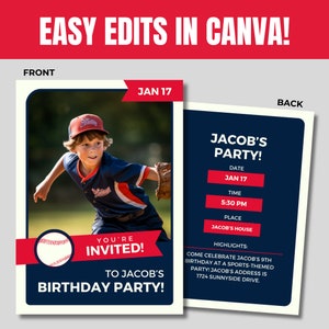 Sports Card Birthday Invite, Editable Canva Template, Custom Design, Baseball Soccer, Basketball, Party Invitation, Kid Boy Celebration, PNG image 1