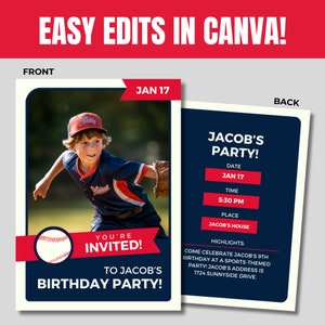 Invito di compleanno per tessera sportiva, modello Canva modificabile, design personalizzato, calcio baseball, basket, invito alla festa, celebrazione del ragazzo ragazzo, PNG