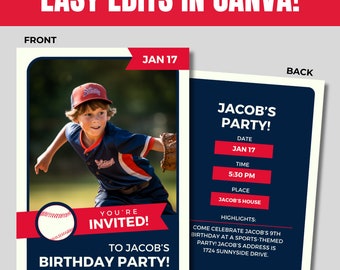 Sports Card Birthday Invite, Editable Canva Template, Custom Design, Baseball Soccer, Basketball, Party Invitation, Kid Boy Celebration, PNG