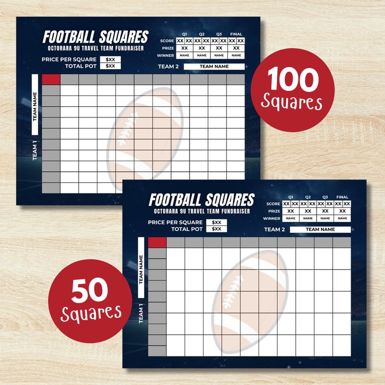 Football Squares, Team Fundraiser Template, 100 Squares, 50 Squares