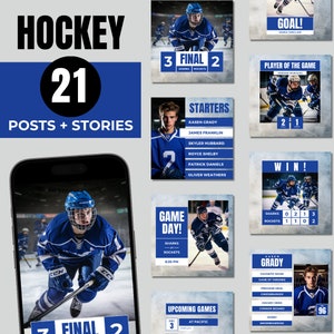 May include: A collection of 21 social media posts and stories for a hockey team. The posts feature game day information, player highlights, and team statistics. The graphics are blue and white with a hockey stick and puck design.