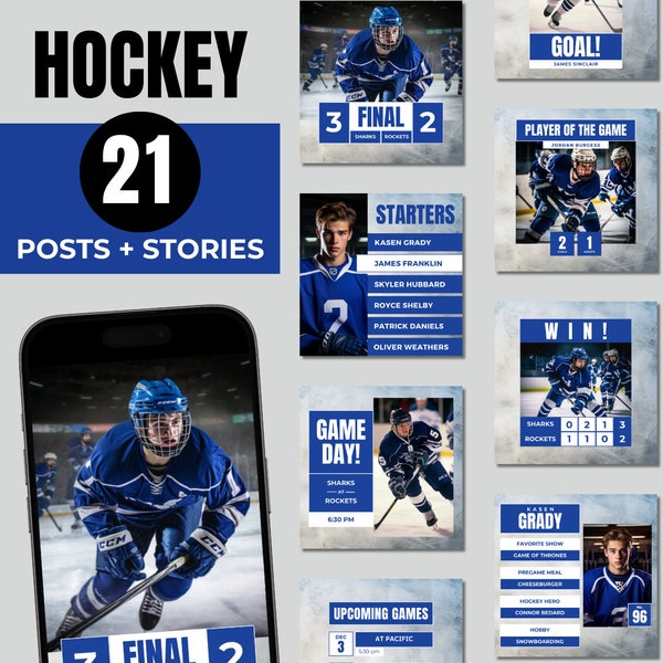 Hockey Canva Templates, Sports Instagram Posts, Team Social Media, Gameday Grafiken, Hockey Team Marketing, Social Media-Manager, Blue Team