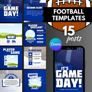 15 Football Canva Templates, Instagram, Blue and White, High School Sports, Sports Bundle, Team Social Media Posts, Game Day, Football