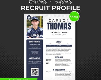 Athlete Recruit Profile Canva Template: Baseball, Softball, Any Sport (Digital Download)