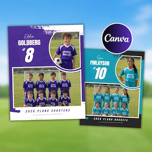 May include: Two soccer team posters. The first poster is purple with the name "Eddie GOLDBERG" and the number "8". The second poster is teal with the name "Siri FINLAYSON" and the number "10". Both posters feature team photos and the text "2026 PLANO SHOOTERS" and "2026 PLANO ROCKETS".