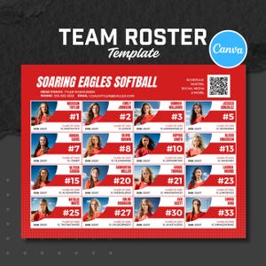 Peut inclure: Modèle de liste d'équipe rouge et blanc pour l'équipe de softball Soaring Eagles. Le modèle comprend des photos de joueurs, des noms, des numéros et des identifiants de réseaux sociaux. Le logo Canva est dans le coin supérieur droit.