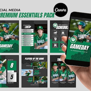 Könnte beinhalten: Ein Satz von Social-Media-Grafiken für ein Baseballteam. Die Grafiken haben ein grün-schwarzes Farbschema mit dem Teamnamen "Dawgs" und einem Wabenmuster. Die Grafiken beinhalten eine Spieltagsankündigung, eine Startaufstellung, Spieler des Spiels und eine Punktetafel.