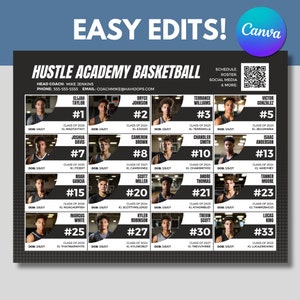 Travel Team Recruit Roster, Canva-sjabloon, 16 spelers, aanpasbaar, basketbal, honkbal, softbal, elke sport, atleetprofiel, digitaal