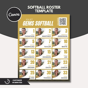 Plantilla de Canva para la plantilla del equipo de sóftbol, 15 puestos de jugador + entrenador, editable, personalizable, página de reclutamiento para viajes, deportes de equipo de verano, élite