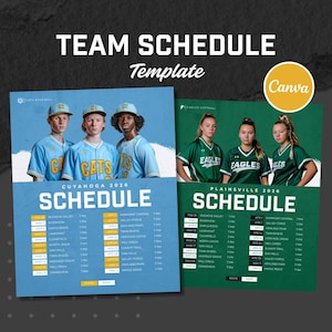 Op de afbeelding: Teamschema sjabloon met twee sportteams. Het ene team draagt blauw-witte honkbaluniformen, het andere groen-witte softbaluniformen. Elk schema bevat teamfoto's en wedstrijddatums.