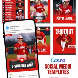 Könnte beinhalten: Eine Sammlung digitaler Social-Media-Vorlagen für Baseball mit rot-weißen Grafiken, Spielerfotos und Texteinblendungen wie Tonight's Lineup, Home Run, Player of the Game, Game Day, Shutout und 3-Straight Wins auf einem Smartphone-Bildschirm.