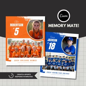 Puede incluir: Dos fotos de equipos de béisbol con fondos naranja y azul. La foto superior presenta a una niña con un uniforme de béisbol con el nombre "Ellie Robertson" y el número "5". La foto inferior presenta a un niño con un uniforme de béisbol con el nombre "Travis Jackson" y el número "18". Ambas fotos incluyen el nombre del equipo y el año.