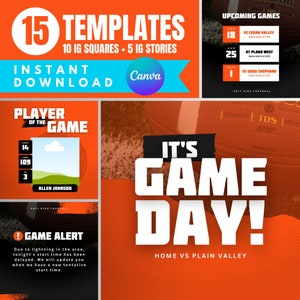 15 Football Canva Templates, Orange and Black, High School Sports, sports bundle, Social Media Posts, Gameday, Football, Digitial Download