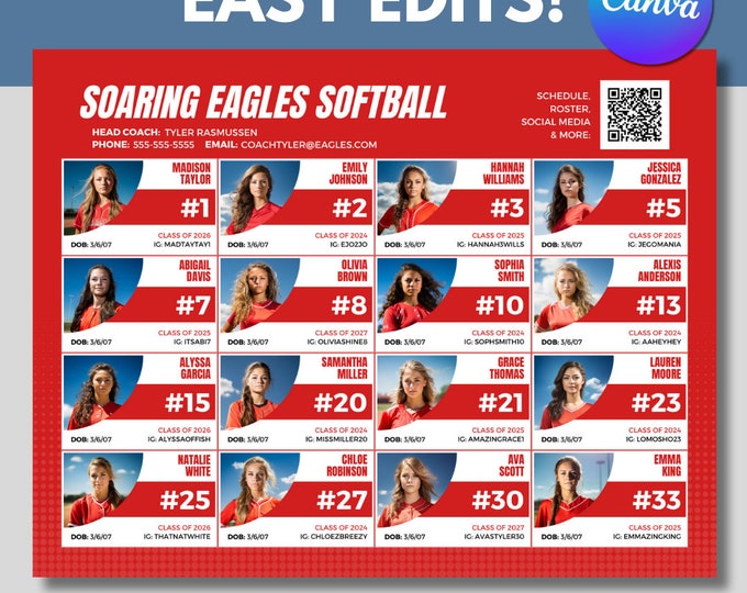 Travel Team Roster Template Carolina Blue 24 Players per Page ...