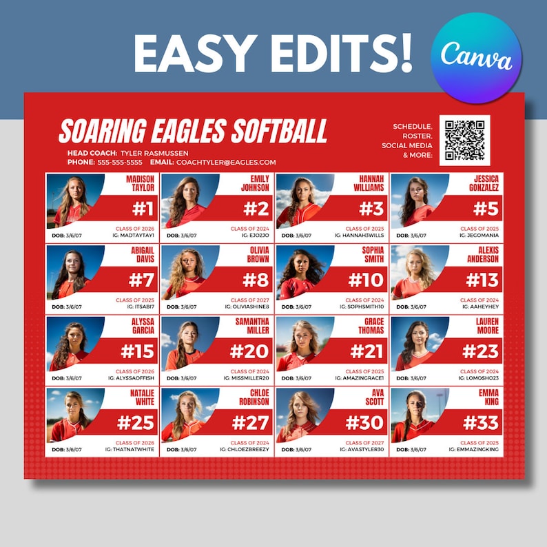 Team Recruit Roster Canva Template: Any Sport, 16 Players (digital) - Etsy