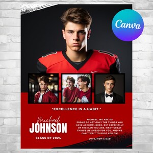 Puede incluir: Un anuncio de graduación rojo y negro con una foto de un joven con una camiseta roja. El anuncio incluye el texto "La excelencia es un hábito." y "Michael Johnson, Clase de 2024".
