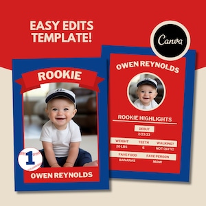 Baby Rookie Kartenvorlage, Canva Baseball bearbeiten, personalisierter einjähriger Geburtstag, ziehen und ablegen, einfache Bearbeitungen, einzigartige Sportfamilie, tauschen