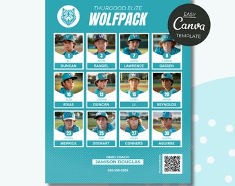 Editable Baseball Softball Roster Template: 12 Players, Canva (Digital)