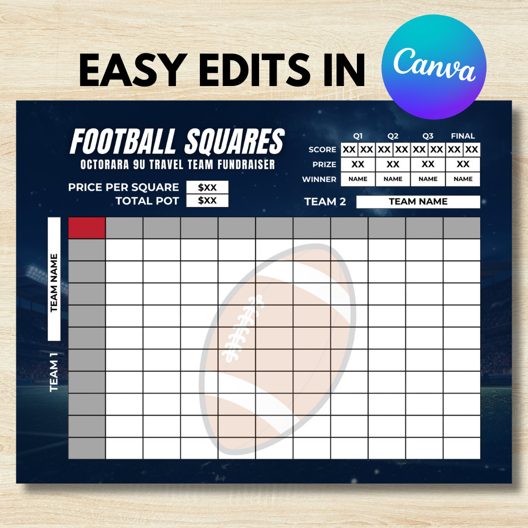 football squares fundraiser template: 50/100 squares (digital