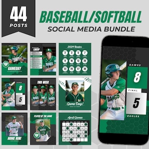 Könnte beinhalten: Ein Satz von 44 Social-Media-Posts für Baseball- oder Softball-Teams. Die Posts beinhalten Spieltagsgrafiken, Spieler-des-Spiels-Ankündigungen, Team-Spielpläne und Ergebnisaktualisierungen. Die Posts sind in einem grün-schwarzen Farbschema mit einem sechseckigen Muster gestaltet.