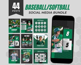 Könnte beinhalten: Ein Satz von 44 Social-Media-Posts für Baseball- oder Softball-Teams. Die Posts beinhalten Spieltagsgrafiken, Spieler-des-Spiels-Ankündigungen, Team-Spielpläne und Ergebnisaktualisierungen. Die Posts sind in einem grün-schwarzen Farbschema mit einem sechseckigen Muster gestaltet.