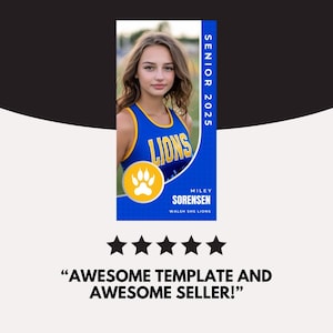 May include: A blue and yellow cheerleading card with a photo of a girl in a cheerleading uniform. The card says "Senior 2025" and "LIONS" and has a paw print graphic. The text also says "MILEY SORENSEN" and "WALSH SHS LIONS".