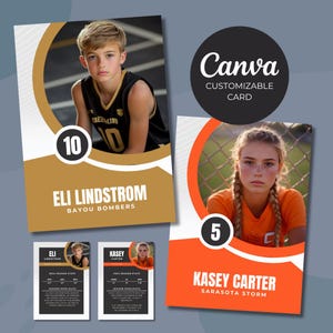 Modelo de cartão esportivo Canva, crie o seu próprio, cartão colecionável atleta, arraste e solte edições fáceis, presente personalizado, para impressão, softball, beisebol