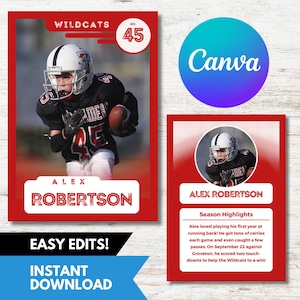 Crie um cartão de futebol, cartão esportivo personalizado, cartão colecionável, modelo Canva, download digital, design esportivo moderno, jogador de futebol, escola