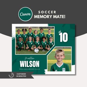 Könnte beinhalten: Eine Collage aus Fotos eines grünen und weißen Fußballteams mit dem Namen, der Nummer und dem Teamnamen eines Spielers. Die Collage zeigt ein Gruppenfoto des Teams, eine Nahaufnahme eines Spielers sowie die Nummer und den Namen des Spielers.