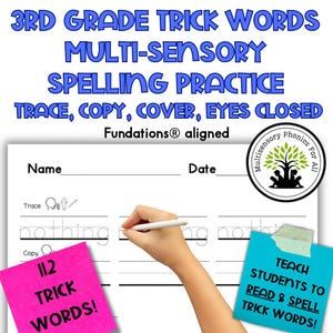 May include: A worksheet for 3rd grade trick words spelling practice. The worksheet includes sections for tracing, copying, and covering words. A hand is holding a pen, writing on the worksheet. There are two sticky notes with text: "112 Trick Words!" and "Teach students to read & spell trick words!"