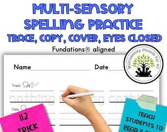 May include: A worksheet for 3rd grade trick words spelling practice. The worksheet includes sections for tracing, copying, and covering words. A hand is holding a pen, writing on the worksheet. There are two sticky notes with text: "112 Trick Words!" and "Teach students to read & spell trick words!"