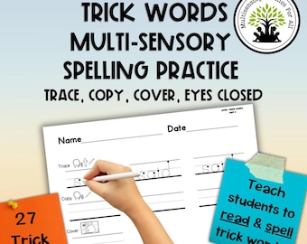 May include: A learning resource for kindergarten students. The image shows a worksheet with the words "Trace, Copy, Cover, Eyes Closed" and the text "Teach students to read & spell trick words!" on a blue sticky note. An orange sticky note says "27 Trick Words!"