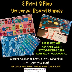 Puede incluir: Se muestran tres juegos de mesa universales para imprimir y jugar, con diseños coloridos e instrucciones del juego. Los juegos incluyen un juego con temática de dulces, un juego de carreras espaciales y un juego con temática de invierno. El texto de la imagen dice que los juegos se pueden usar con cualquier tarjeta de juego.