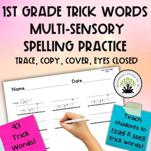 May include: A worksheet for 1st grade trick words spelling practice. The worksheet includes the words "said" to trace, copy, and cover. The image also includes a pink sticky note with the text "93 Trick Words!" and a blue sticky note with the text "Teach students to read & spell trick words!"