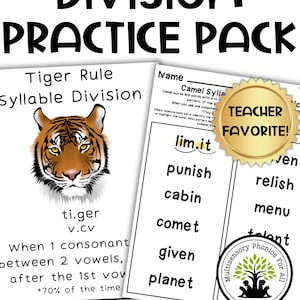 Puede incluir: Paquete de práctica educativa para la división de sílabas. Presenta un gráfico de tigre y ejemplos de reglas de sílabas. Incluye la insignia "Teacher Favorite" y el texto "Orton-Gillingham Based & SOR Aligned".