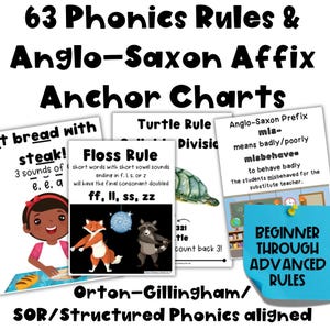 63 strukturierte Phonics-Regeln und angelsächsische Affixe Ankerkarten - Orton-Gillingham und Science Of Reading