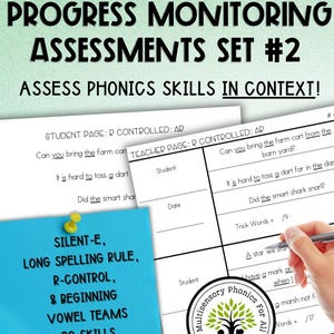Puede incluir: Una nota adhesiva azul con el texto "Silent-E, Long Spelling Rule, R-Control, & Beginning Vowel Teams 20 Skills 60 Assessments!" sobre un fondo blanco. La nota está al lado de una hoja de trabajo en blanco y negro con el texto "Student Page: R Controlled: AR Can you bring the farm cart from the barn yard? It is hard to toss a dart far in the dark. Did the smart shark snarl?"