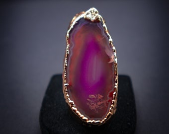Pink Natural Agate Slice Ring | Gemstone Ring | Geode Ring | Druzy Ring | Adjustable Gold Ring | Pink Stone Ring | Gift For Him & Her
