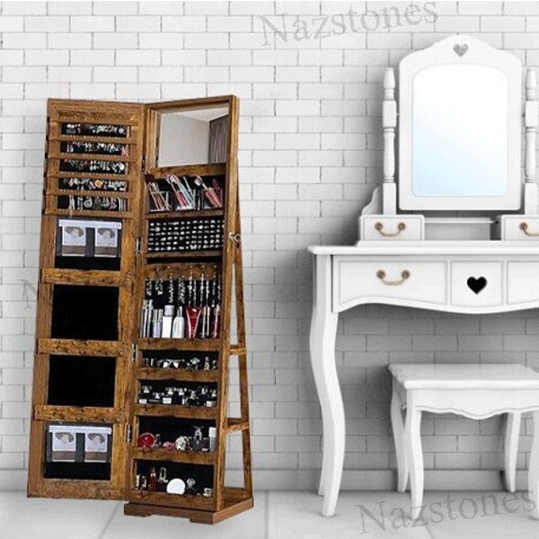 Handcrafted Rustic Wood Jewelry Cabinet with Mirror - Storage Organizer for Accessories - Handmade Jewelry Armoire