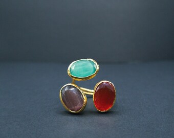 Cat’s eye quartz stone Ring, Natural cat’s eye stone in three different colors, Handmade, 24k gold plated , best gift