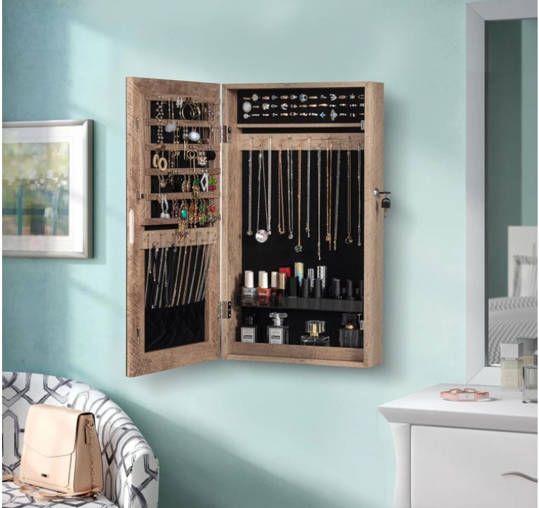 Wooden mirror clearance jewelry cabinet