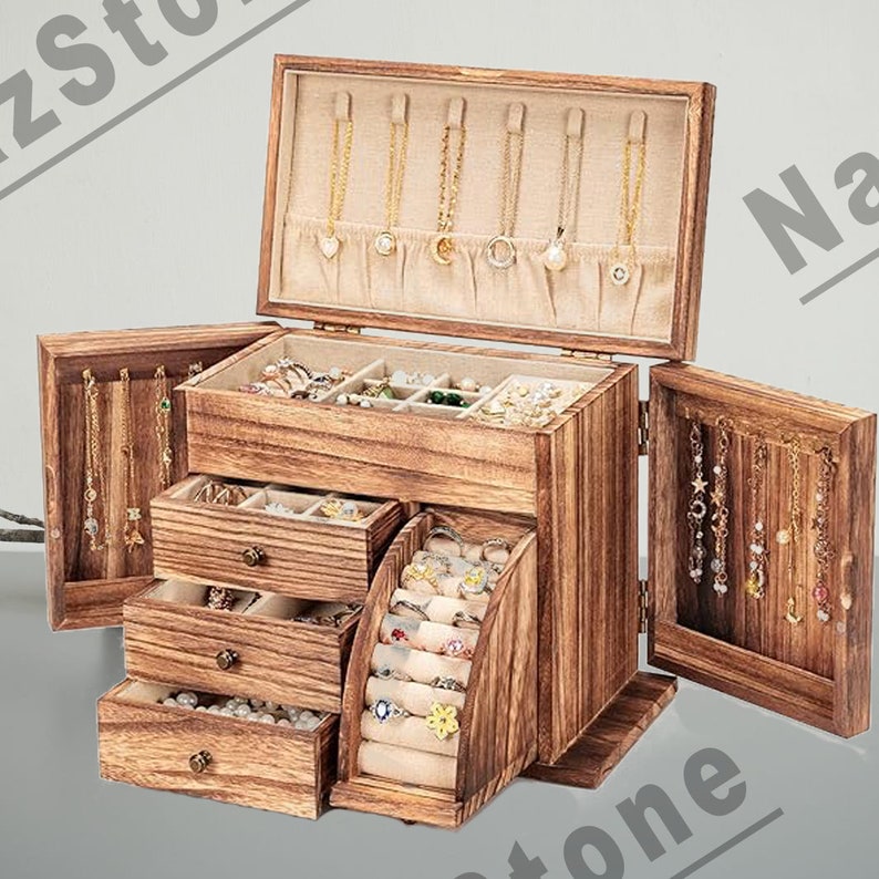 Massivholz handgefertigte Schmuckschatulle für Frauen Schmuckschatulle mit Gravur Schmuck Organizer Große Schmuckschatulle Schmucketui Schmuckschatulle Mädchen Bild 3