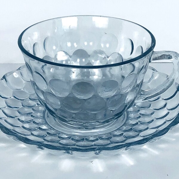 ANCHOR HOCKING Fire King Tableware Cup and Saucer Set Sapphire Blue Bubble Pattern Depression Glassware 5 1/2" saucer, 2 1/4" high cup