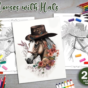 25 Pages of Horses With Hats, an Adults Coloring Book for relaxation, Coloring Pages, Instant Download, Coloring Book, Printable PDF File