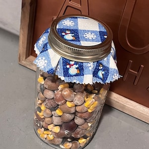 May include: A glass jar filled with a mixture of brown and yellow seeds, covered with a blue and white checkered fabric lid with a snowman design.
