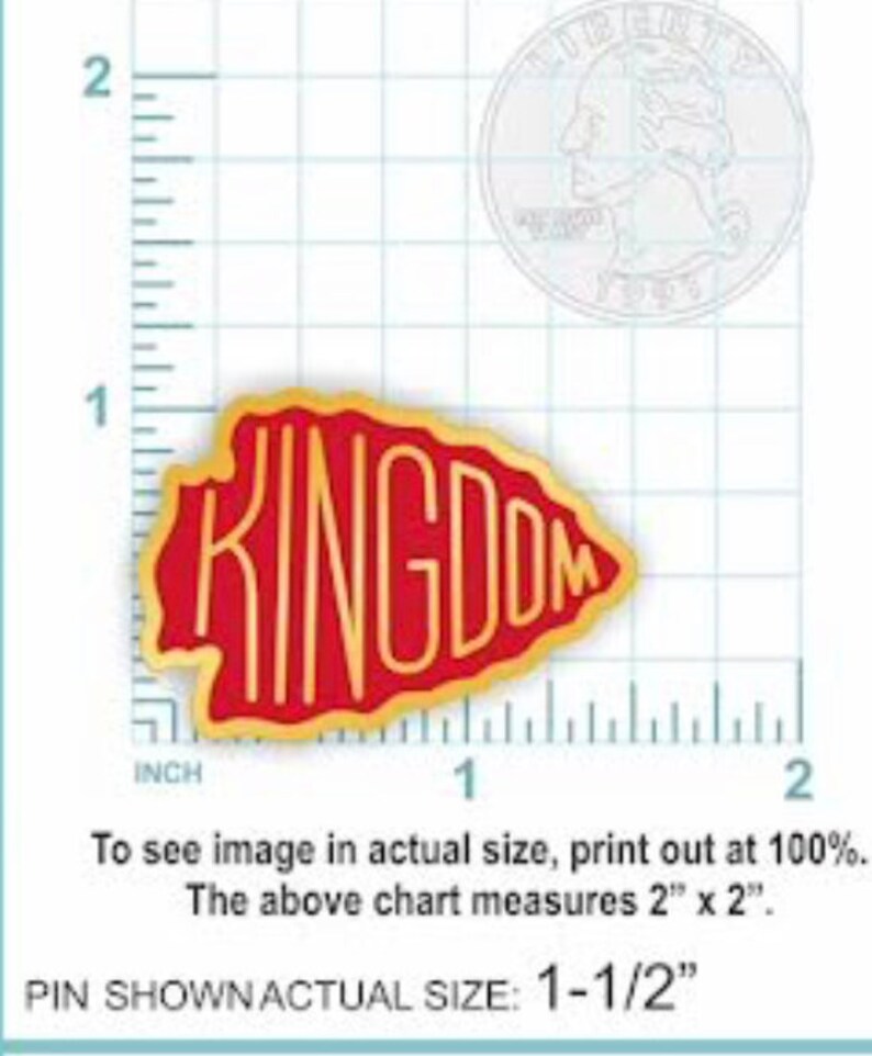 May include: A gold and red arrowhead-shaped pin with the word "KINGDOM" in gold lettering. The pin is 1 1/2 inches in size.