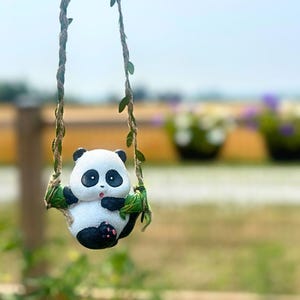 Resin Panda Figurine Swinging on Leaf Swing, Hanging Miniature
