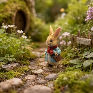 Op de afbeelding: Een miniatuur konijnenfiguurtje op een stenen pad, gekleed in een lichtblauw jasje, een rode sjaal en een bruine tas. Het konijn heeft lichtbruine vacht en grote oren. Een klein houten hekje met een bordje met de tekst Welcome staat ernaast.